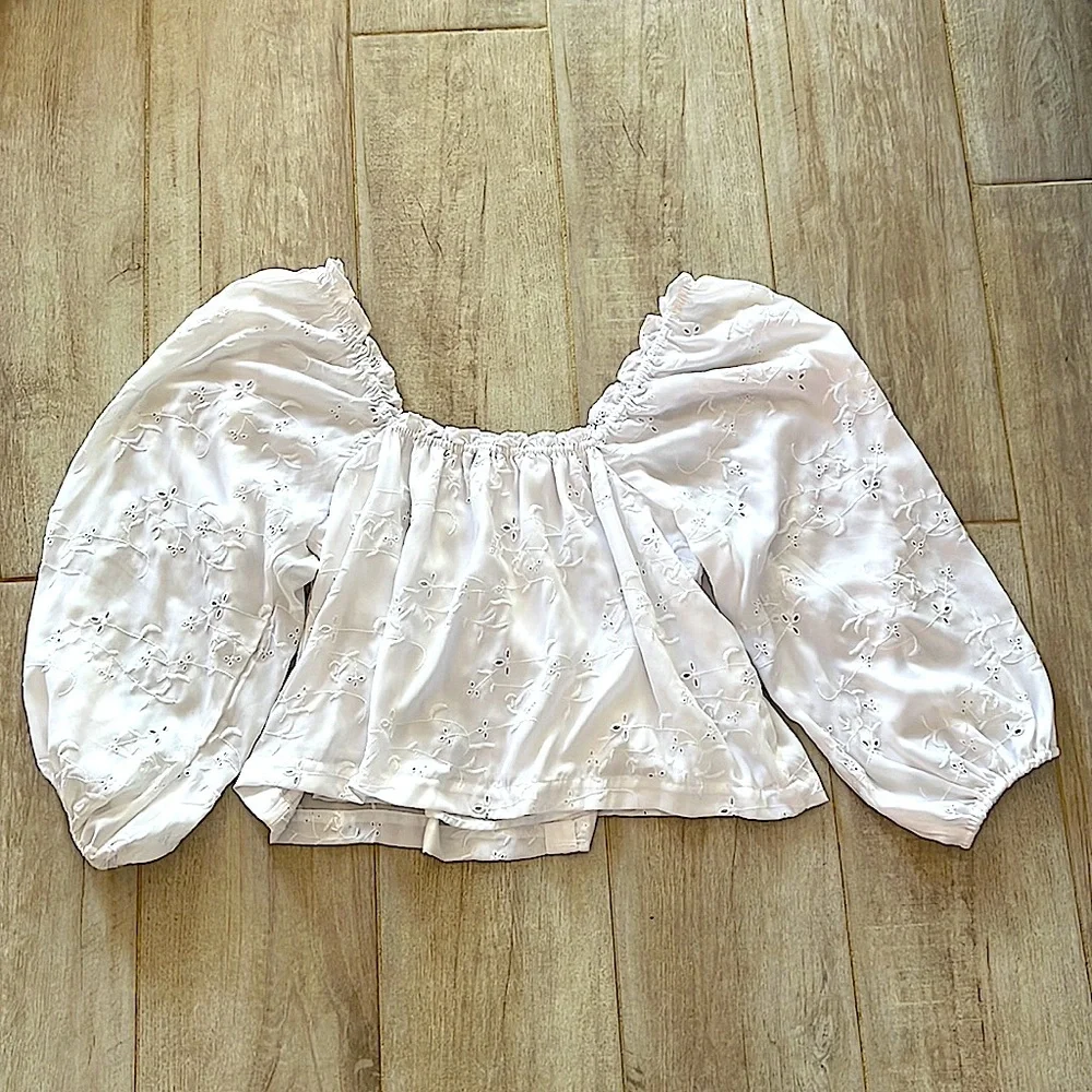 NWOT American Eagle Baloon Sleeve Lined Embroidered Babydoll Top - Picture 7 of 9